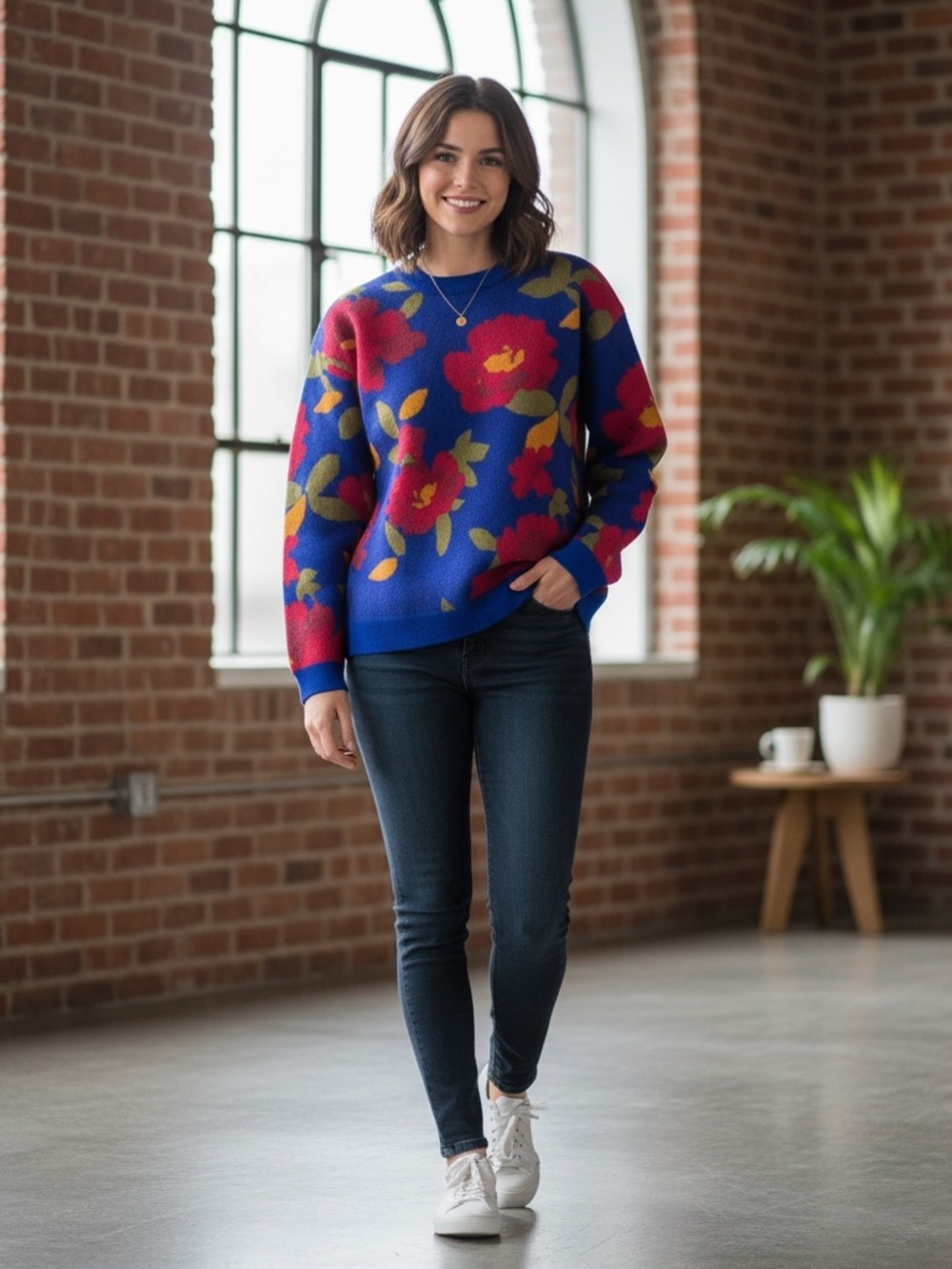 • Sezane • Blue Floral Crewneck Sweater - Women's Knit Pullover XS